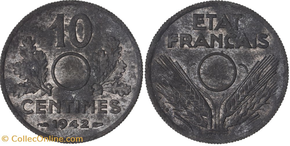 10 centimes ETAT FRANCAIS 1942 non troué MS 62 monnaies france modernes 10 centimes etat francais 1942 non troue ms 62