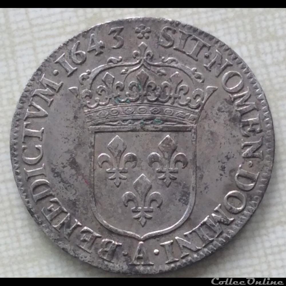 Quart d’écu de Warin 2ème poinçon Louis XIII 1643 A rose 🥀 Paris monnaie france royale quart d ecu de warin 2eme poincon louis xiii 1643 a rose paris