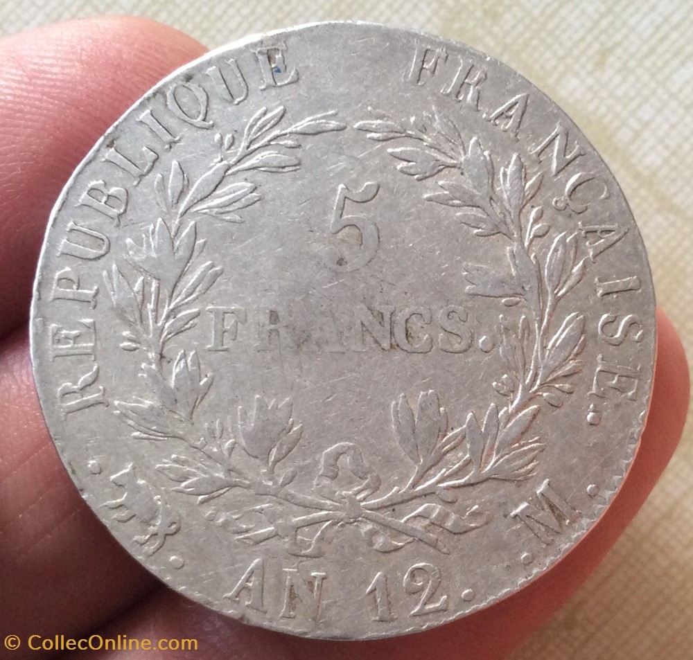 5 francs Napoléon 1er An 12 M Paris tête nue Revers république type intermédiaire monnaies monde france 5 francs napoleon 1er an 12 m paris tete nue revers republique type intermediaire