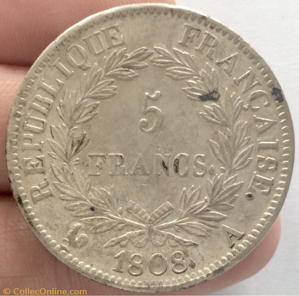 5 francs Napoléon 1er 1808 A Paris tête laurée Revers république monnaie france moderne 5 francs napoleon 1er 1808 a paris tete lauree revers republique