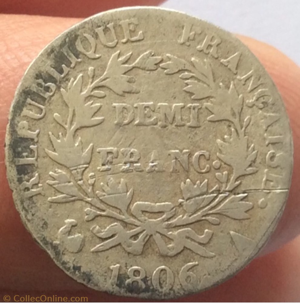 Demi franc Napoléon 1er 1806 A Paris tête nue calendrier grégorien Revers république monnaie france moderne demi franc napoleon 1er 1806 a paris tete nue calendrier gregorien revers republique