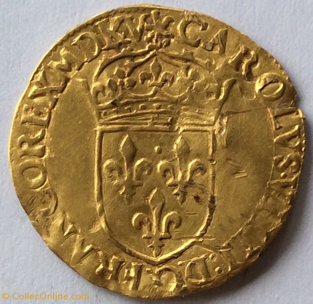 Écu d’or au soleil CHARLES VIIII 1565 ( MDLXV) La Rochelle H monnaies europe medievale france royales ecu d or au soleil charles viiii 1565 mdlxv la rochelle h