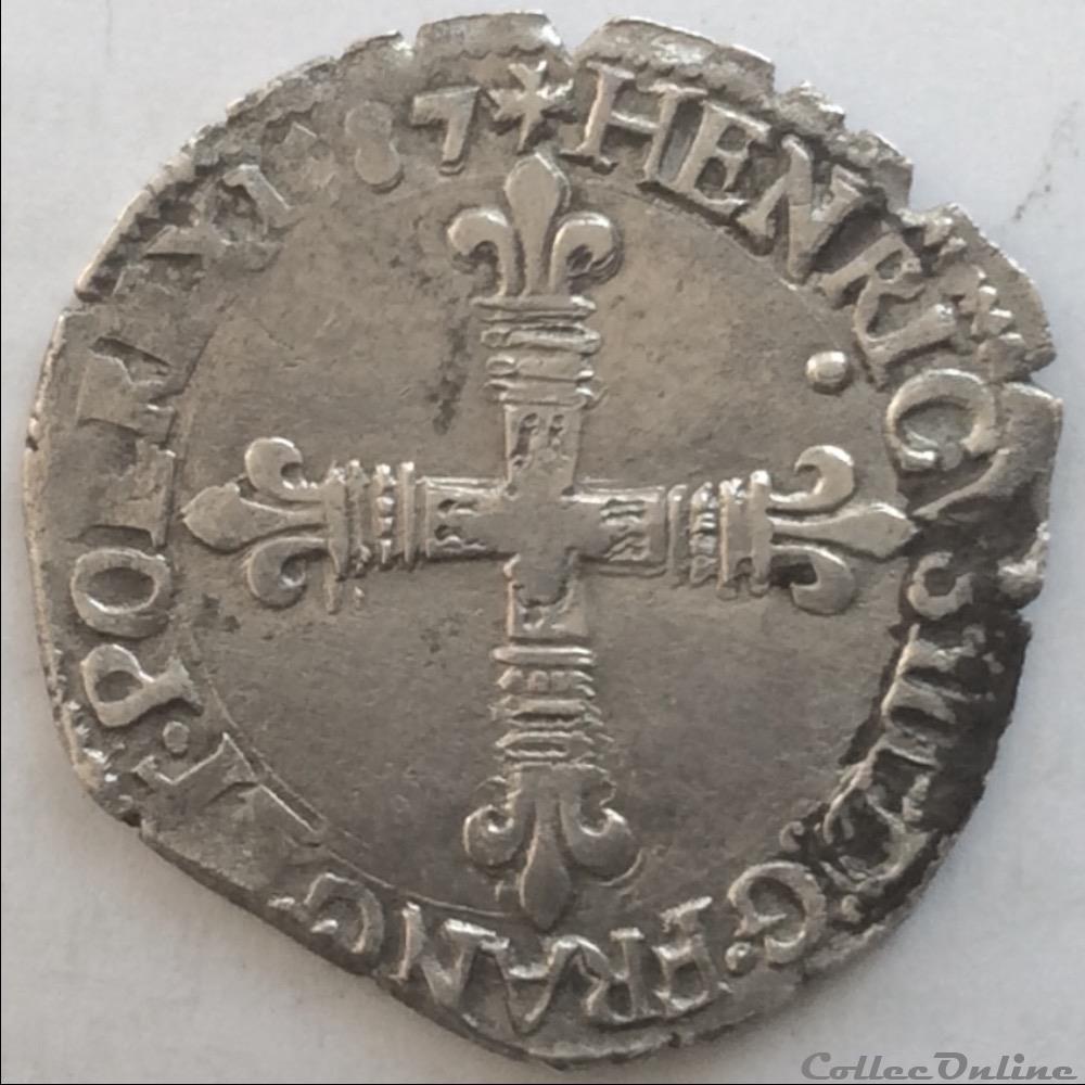 Huitième d’écu Henri III 1587 T Nantes monnaie france royale huitieme d ecu henri iii 1587 t nantes