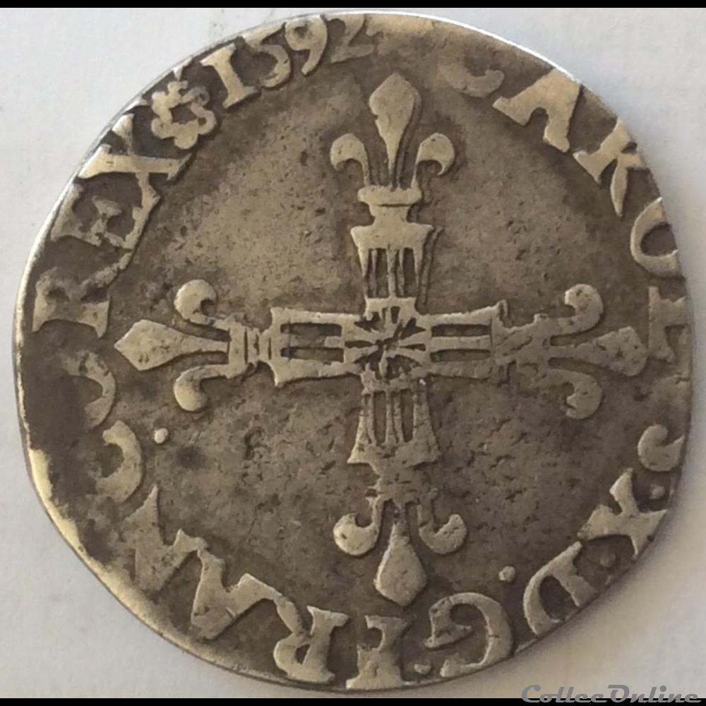 Quart d’écu Charles X 1592 B Rouen monnaie france royale quart d ecu charles x 1592 b rouen