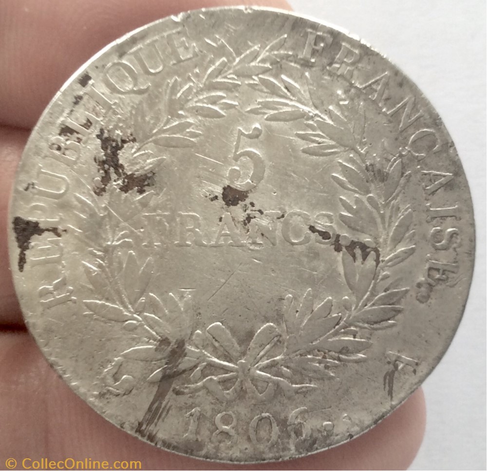 5 francs Napoléon 1er 1806 A Paris tête nue Revers république calendrier grégorien monnaie france moderne 5 francs napoleon 1er 1806 a paris tete nue revers republique calendrier gregorien