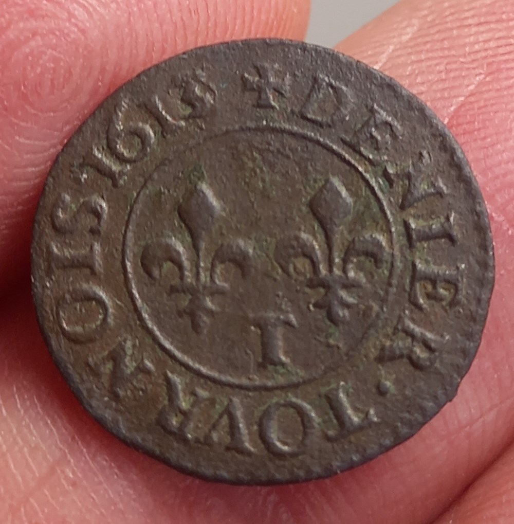 Denier tournois Louis XIII 1613 T Nantes monnaies europe medievale france royales denier tournois louis xiii 1613 t nantes
