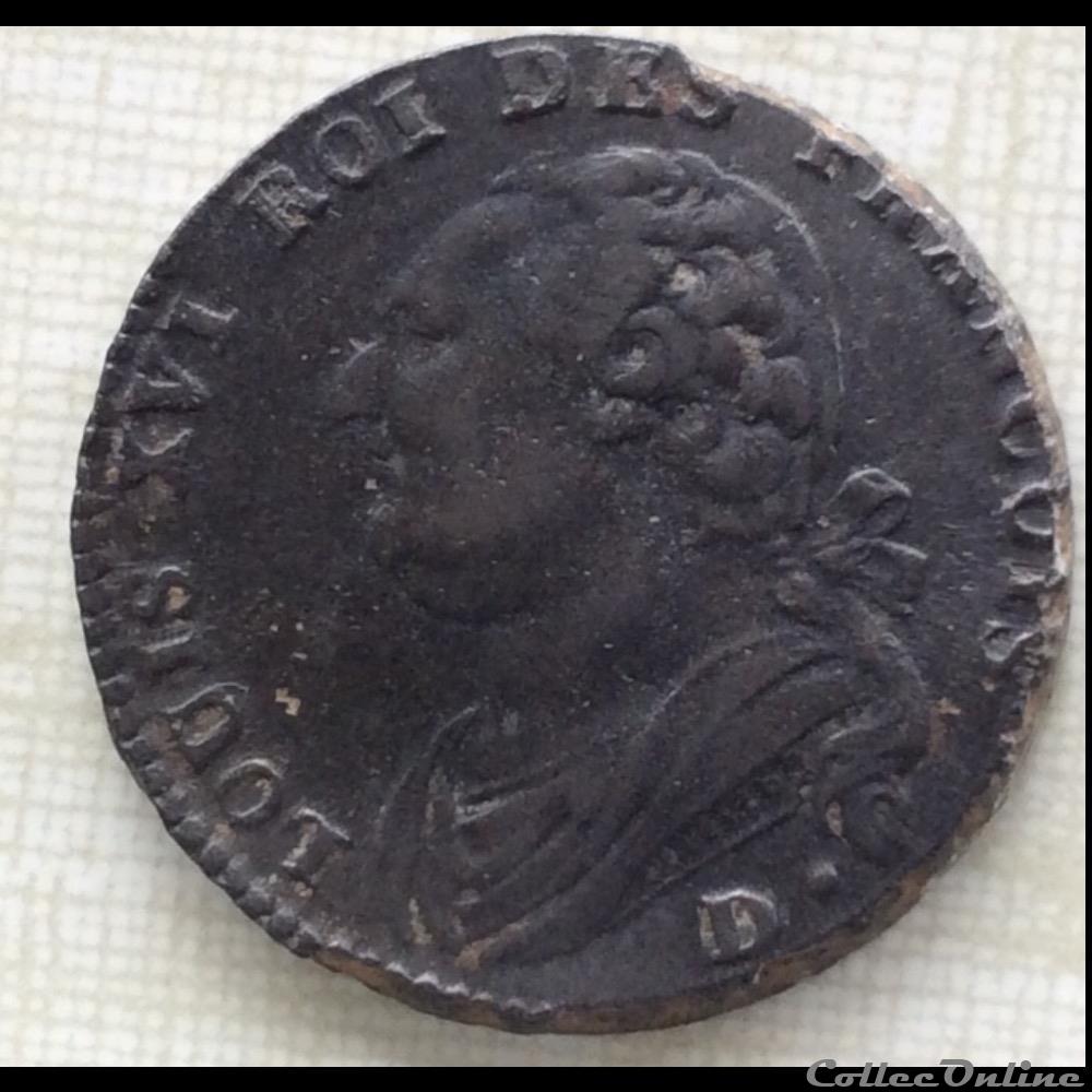 12 deniers type François Louis XVI 1792 D. Dijon monnaie france royale 12 deniers type francois louis xvi 1792 d dijon
