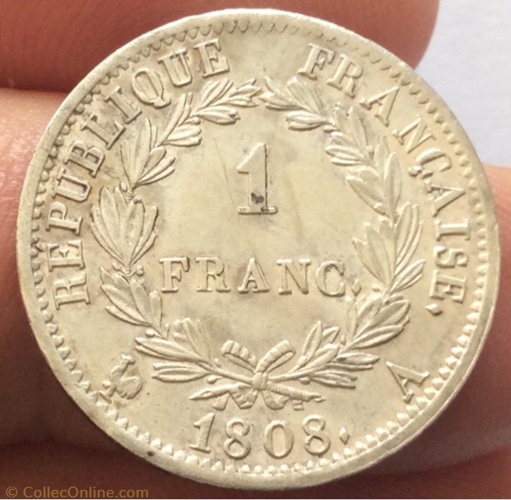 1 franc Napoléon 1er 1808 A Paris tête laurée Revers république monnaie france moderne 1 franc napoleon 1er 1808 a paris tete lauree revers republique