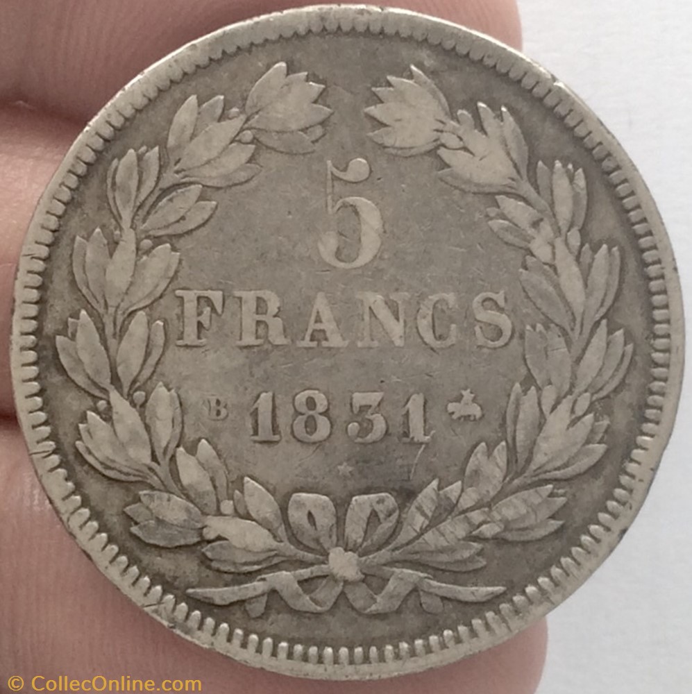 5 francs tête nue Louis-Philippe tranche relief 1831 B Rouen monnaie france moderne 5 francs tete nue louis philippe tranche relief 1831 b rouen
