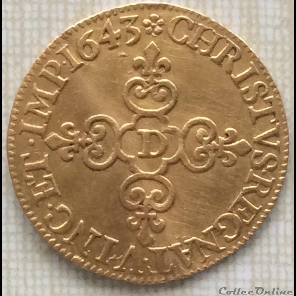 Écu d’or au soleil Louis XIII 1643 D Lyon monnaie france royale ecu d or au soleil louis xiii 1643 d lyon
