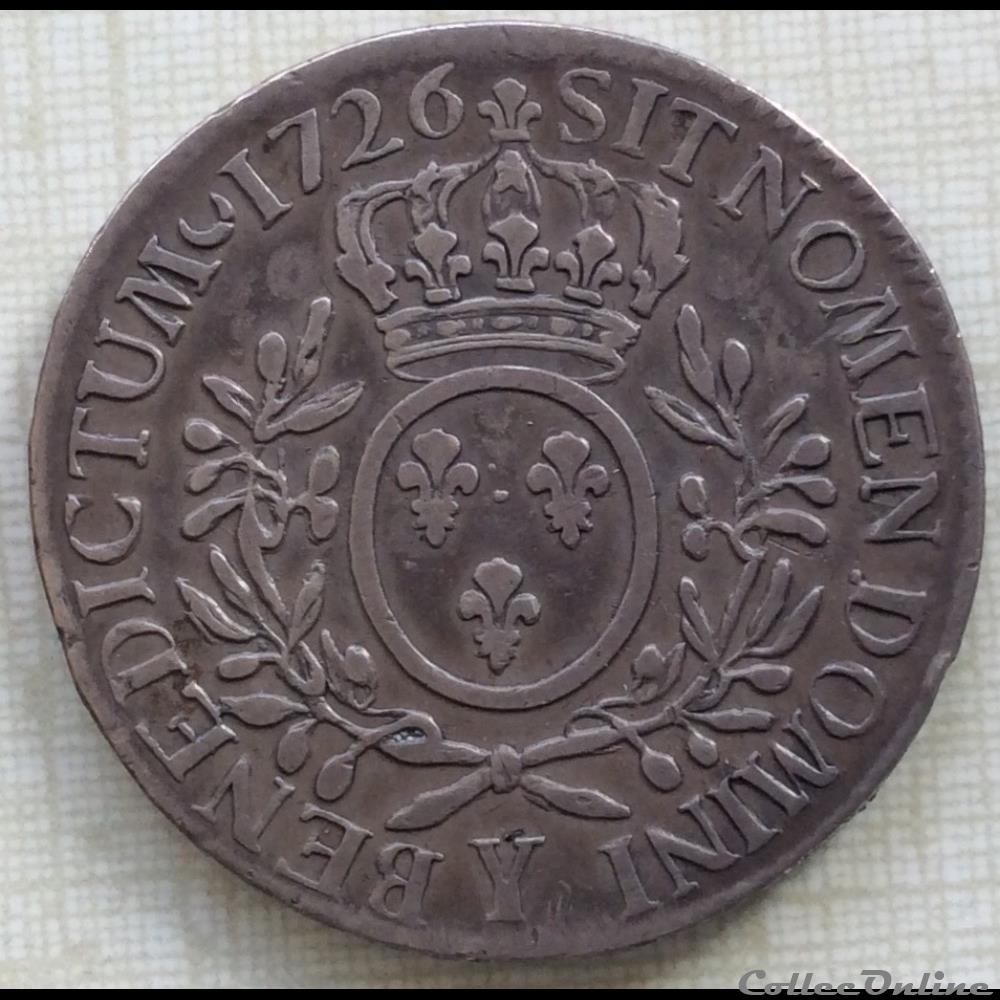 Écu aux branches d’oliviers Louis XV 1726 Y Bourges monnaie france royale ecu aux branches d oliviers louis xv 1726 y bourges