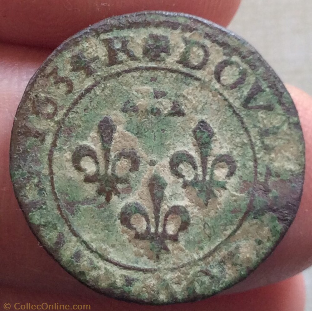 Double tournois Gaston d’Orléans 1634 R type 8 monnaie france feodale double tournois gaston d orleans 1634 r type 8