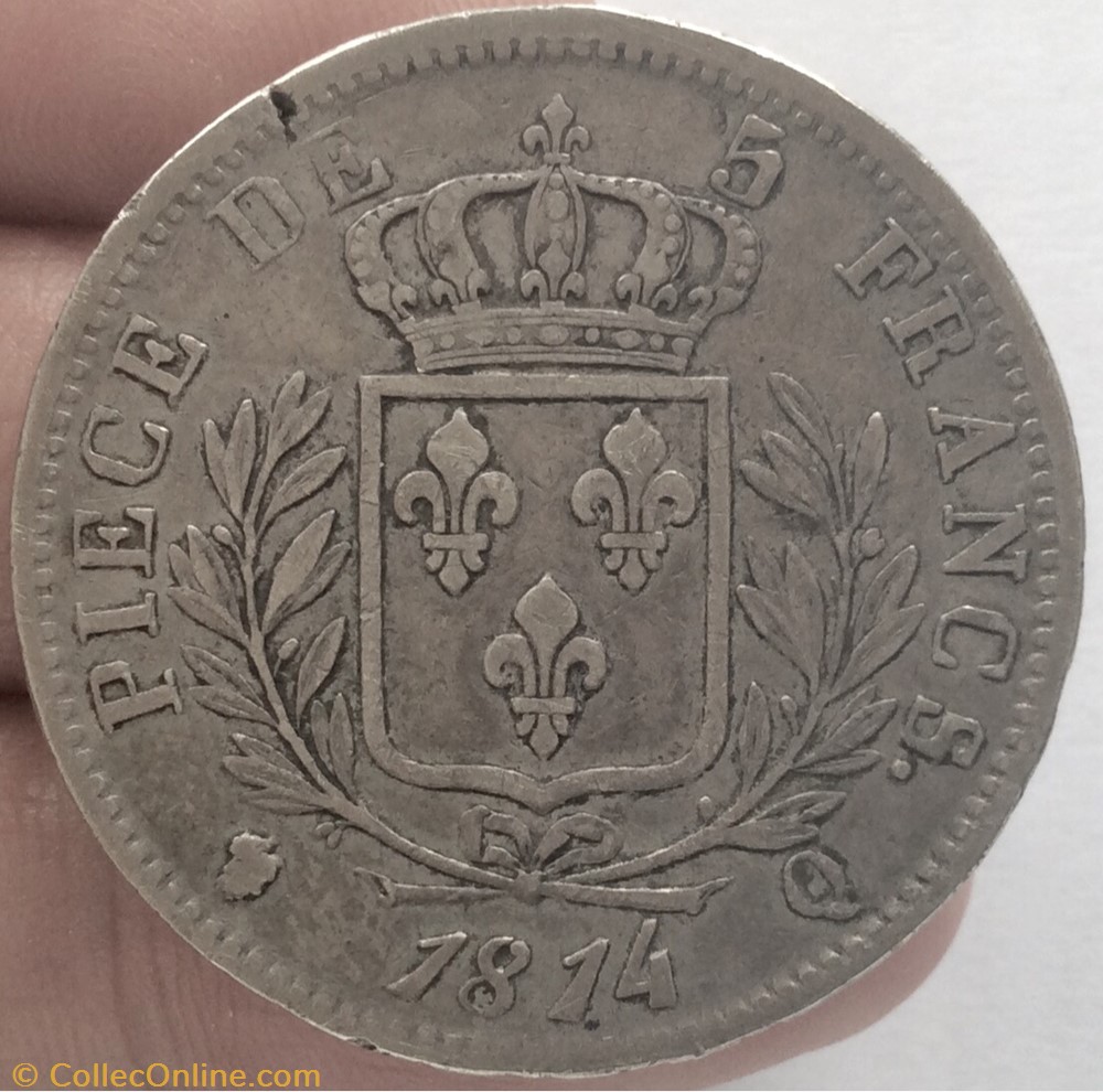 monnaie france moderne 5 francs louis xviii buste habille 1814 q perpignan