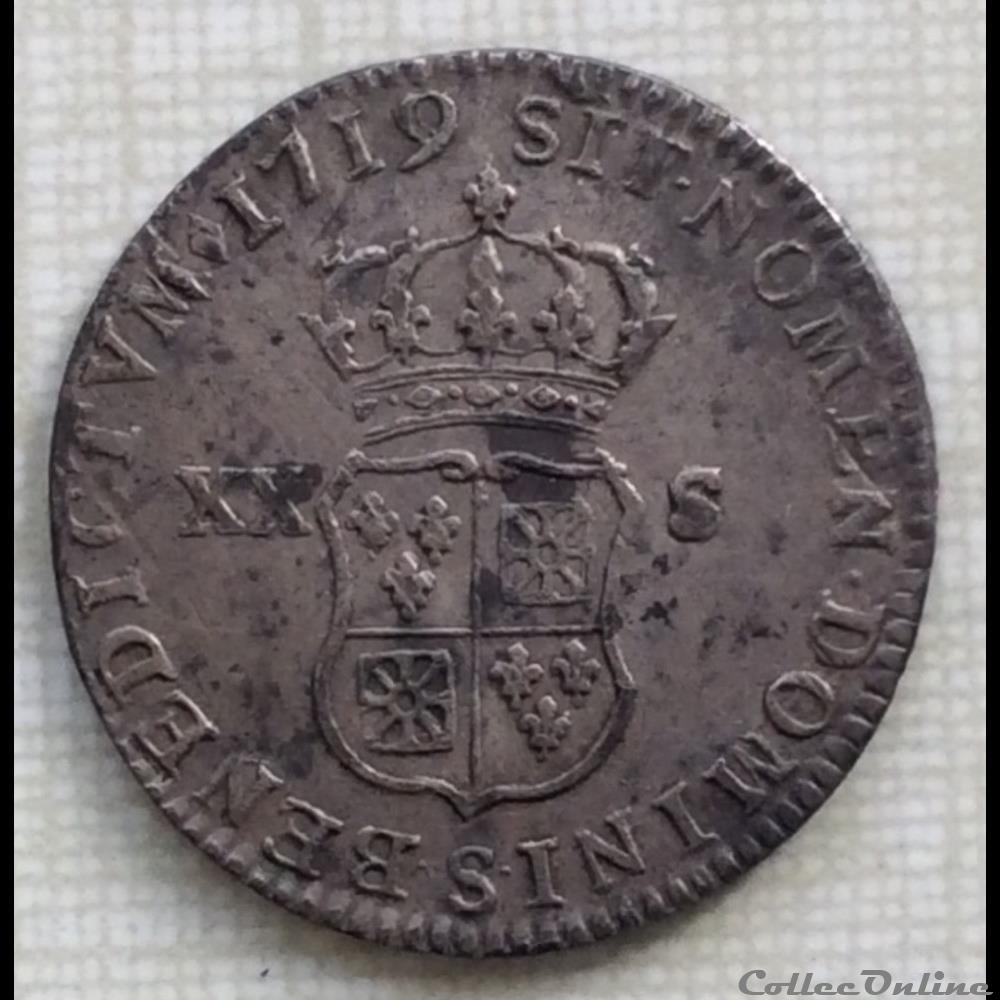 Sixième d’écu ou XX-s de France Navarre Louis XV 1719 S Reims monnaie royale sixieme d ecu ou xx s de france navarre louis xv 1719 s reims