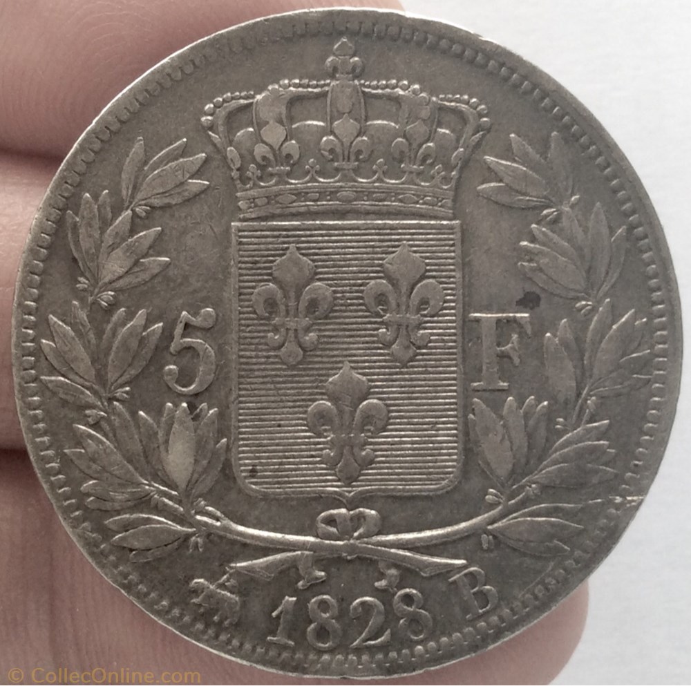 5 francs 1828 B Rouen Charles X 2ème type monnaie france moderne 5 francs 1828 b rouen charles x 2eme type