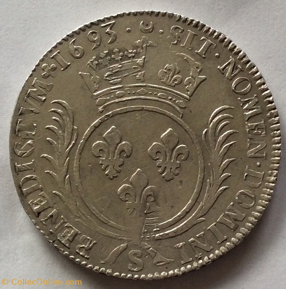 Écu aux palmes Louis XIV 1693 S Reims monnaies europe medievale france royales ecu aux palmes louis xiv 1693 s reims