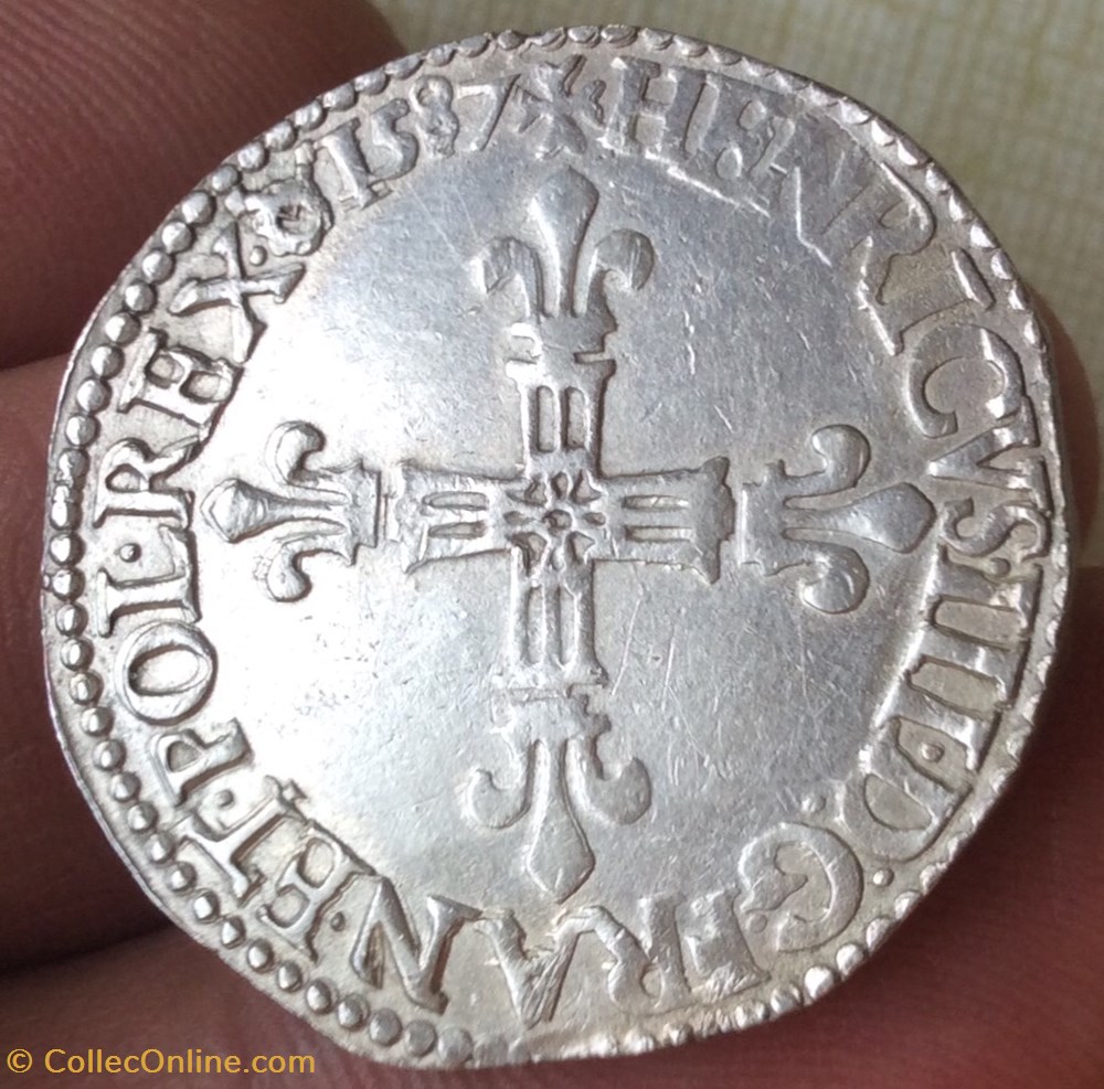 Quart d’écu Henri III 1587 B Rouen variété BENDICTVM monnaies europe medievale france royales quart d ecu henri iii 1587 b rouen variete bendictvm