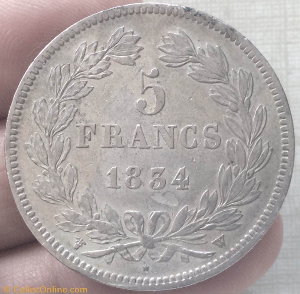 5 francs tête laurée Louis-Philippe I 1834 W Lille monnaie france moderne 5 francs tete lauree louis philippe i 1834 w lille