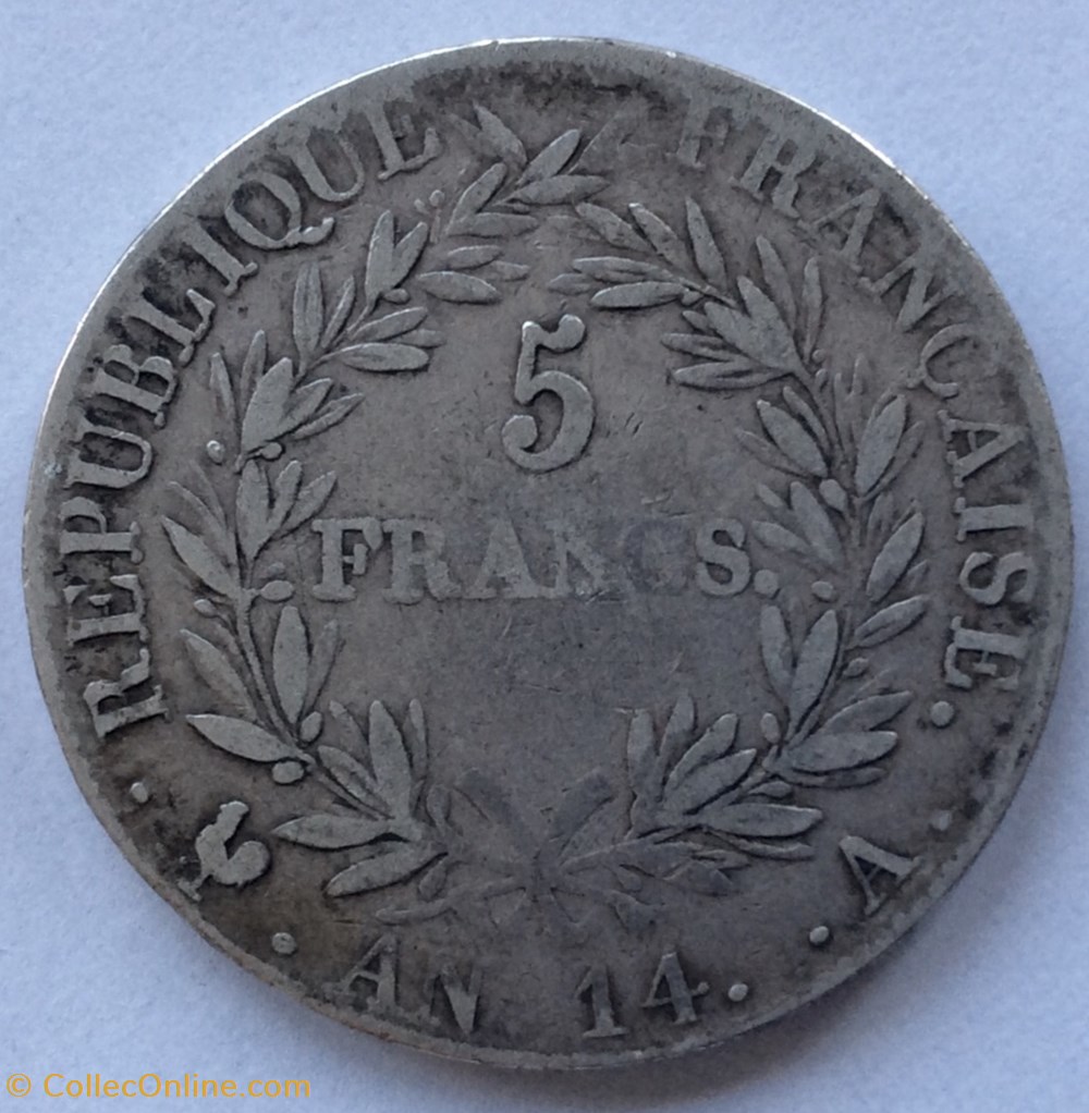 5 francs Napoléon 1er An 14 A Paris tête nue Revers république monnaies france modernes 5 francs napoleon 1er an 14 a paris tete nue revers republique