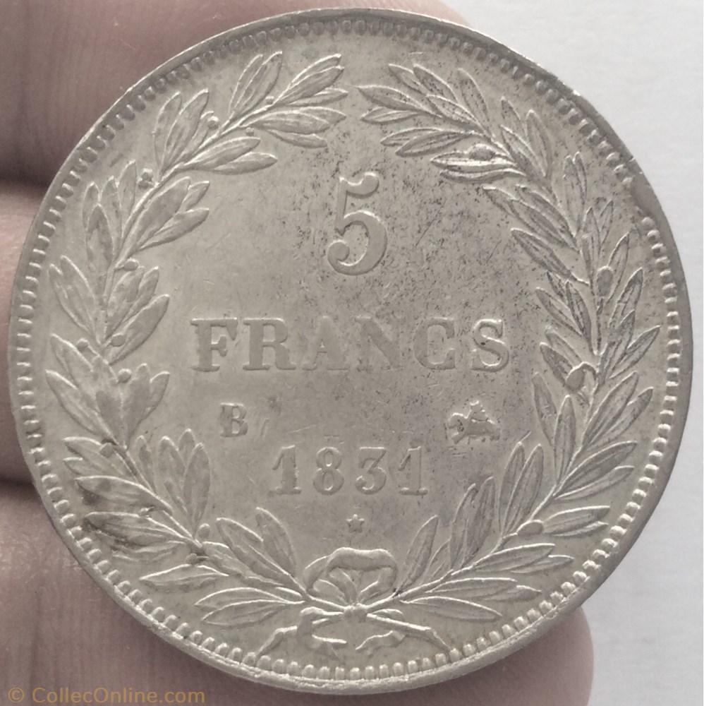 5 francs tête nue Louis-Philippe tranche creux 1831 B Rouen monnaie france moderne 5 francs tete nue louis philippe tranche creux 1831 b rouen