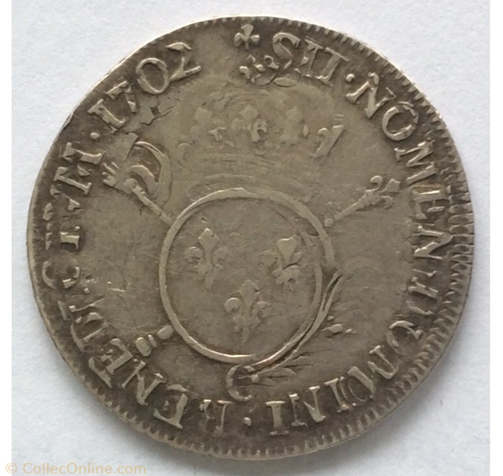 Quart d’écu aux insignes Louis XIV 1702 O Riom monnaie france royale quart d ecu aux insignes louis xiv 1702 o riom