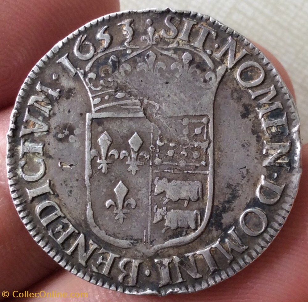 Quart d’écu à la mèche longue du Béarn Louis XIV 1653 * F * Pau monnaies europe medievale france royales quart d ecu a la meche longue du bearn louis xiv 1653 f pau