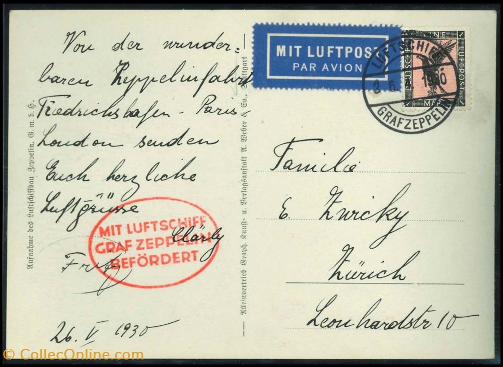 1. Zeppelin Postcard. Berlin (?) -Zurich 1930, Graf Zeppelin card. postcards europe germany 1 zeppelin postcard berlin zurich 1930 graf zeppelin card