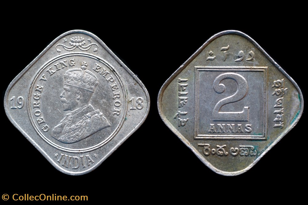 India, British - 1918 2 Annas coins world india british 1918 2 annas
