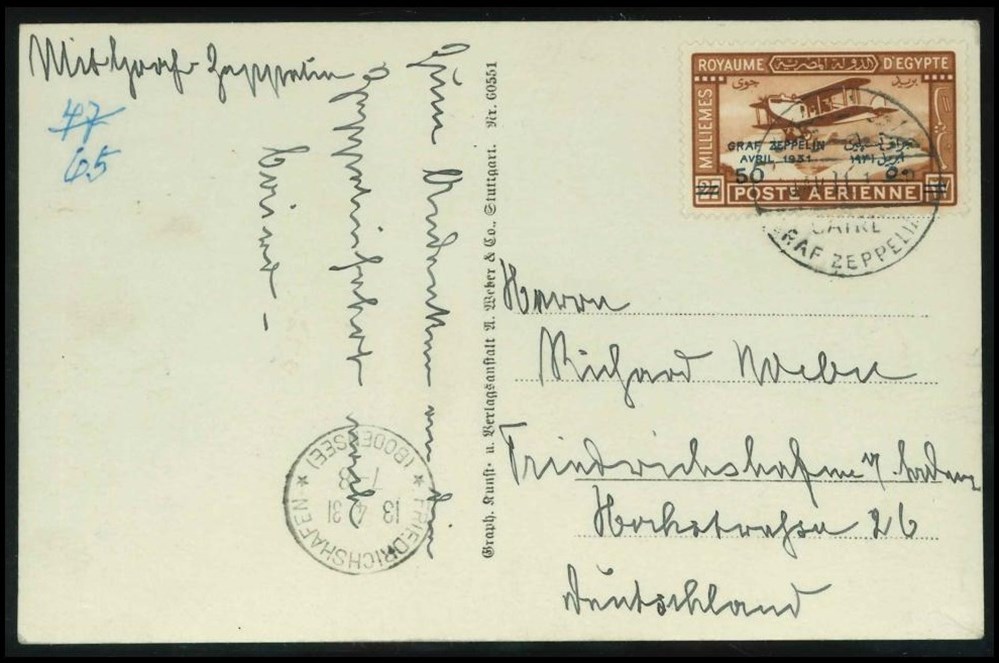 1. Zeppelin Postcard. Cairo - Friedrichshafen 1931, Graf Zeppelin card. postcards europe germany 1 zeppelin postcard cairo friedrichshafen 1931 graf zeppelin card