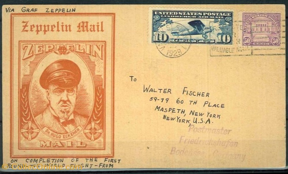 1. Zeppelin Letter. New York. First world flight of Graf Zeppelin, Lakehurst, August 31, 1929 postcards 1 zeppelin letter new york first world flight of graf zeppelin lakehurst august 31 1929