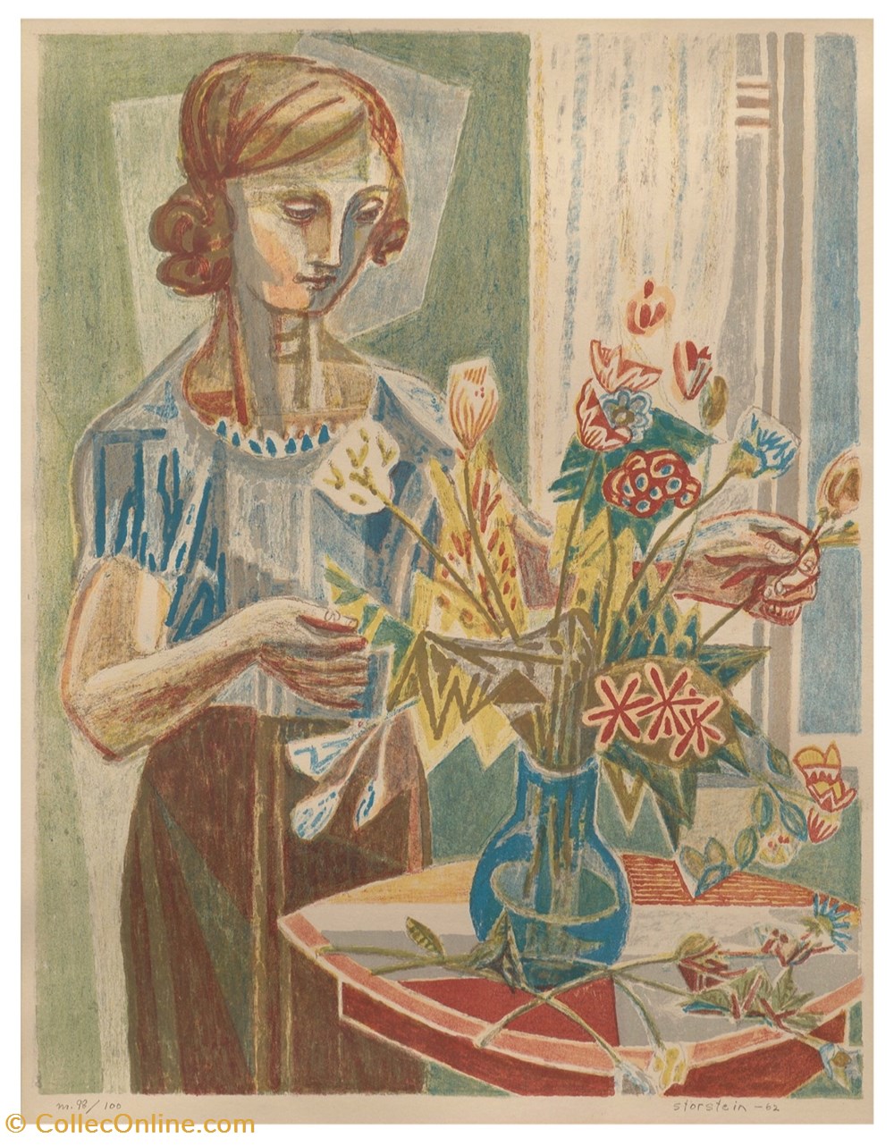 art antiquities lithography silkscreen storstein aage kvinne med blomsterbukett norway 1962