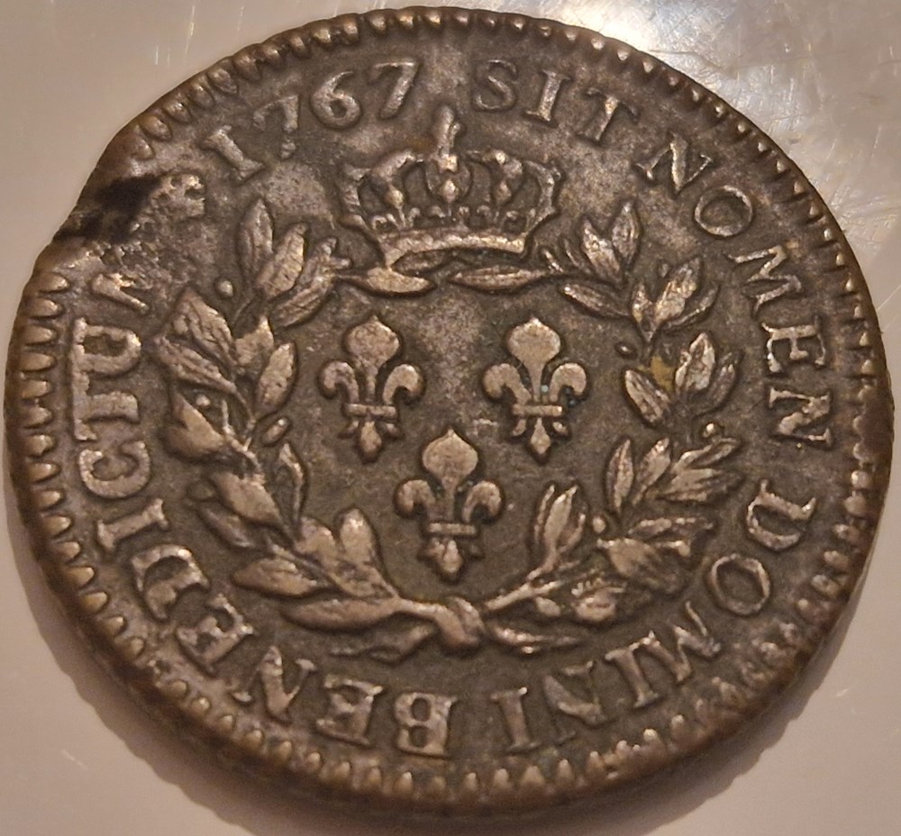 Louis XV-1 sol colonies françoises 1767 atelier Paris monnaies louis xv 1 sol colonies francoises 1767 atelier paris