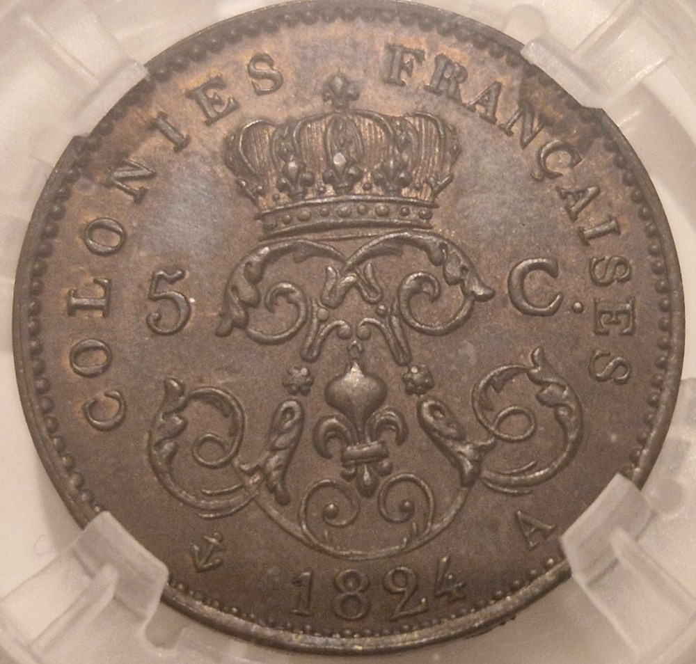 Louis XVIII 5 centimes 1824 - Essai pour les colonies générales atelier Paris monnaies louis xviii 5 centimes 1824 essai pour les colonies generales atelier paris