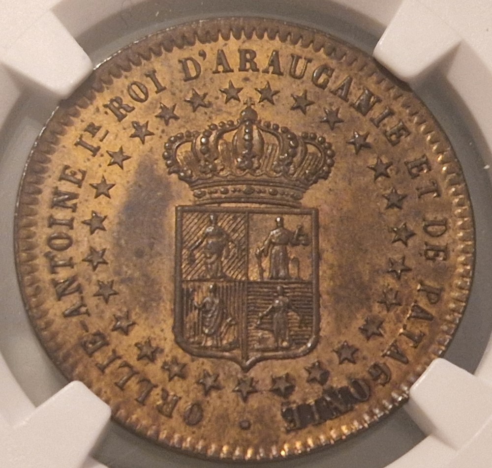 2 Centavos 1874 Royaume d'Araucanie et de Patagonie : Orllie Antoine I Nouvelle France monnaies 2 centavos 1874 royaume araucanie et de patagonie orllie antoine i nouvelle france