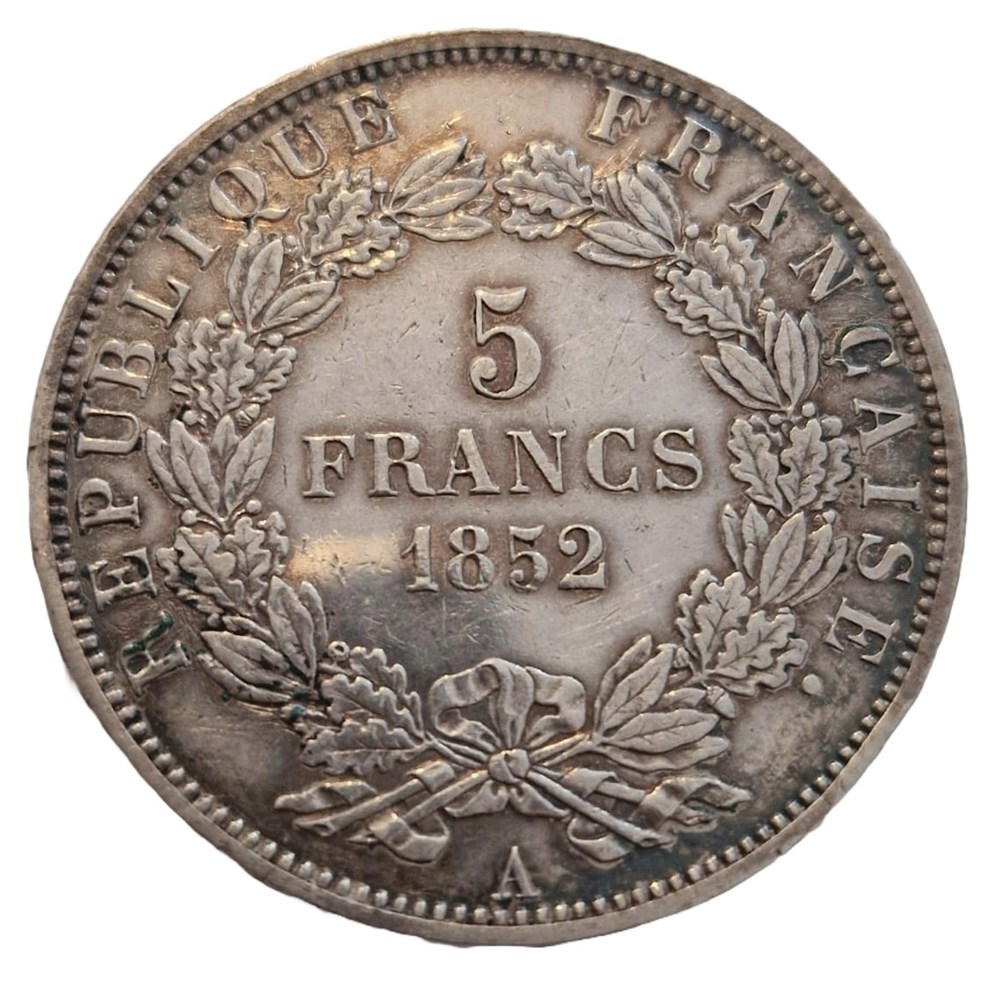 monnaies 5 francs louis napoleon bonaparte tete nue republique francaise 1852 paris
