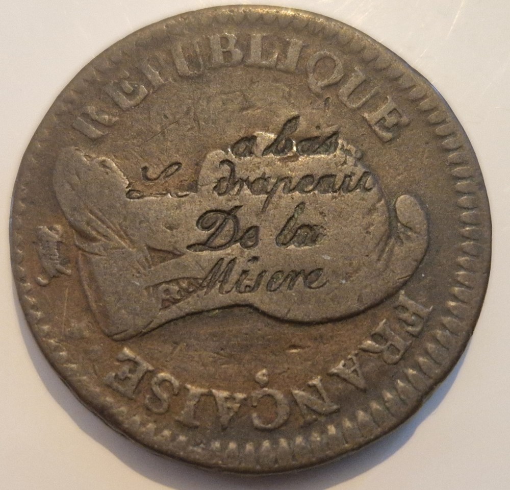 Un décime Dupré Grand module an 7 Lyon contremarque " A bas le drapeau de la misère" monnaies un decime dupre grand module an 7 lyon contremarque a bas le drapeau de la misere