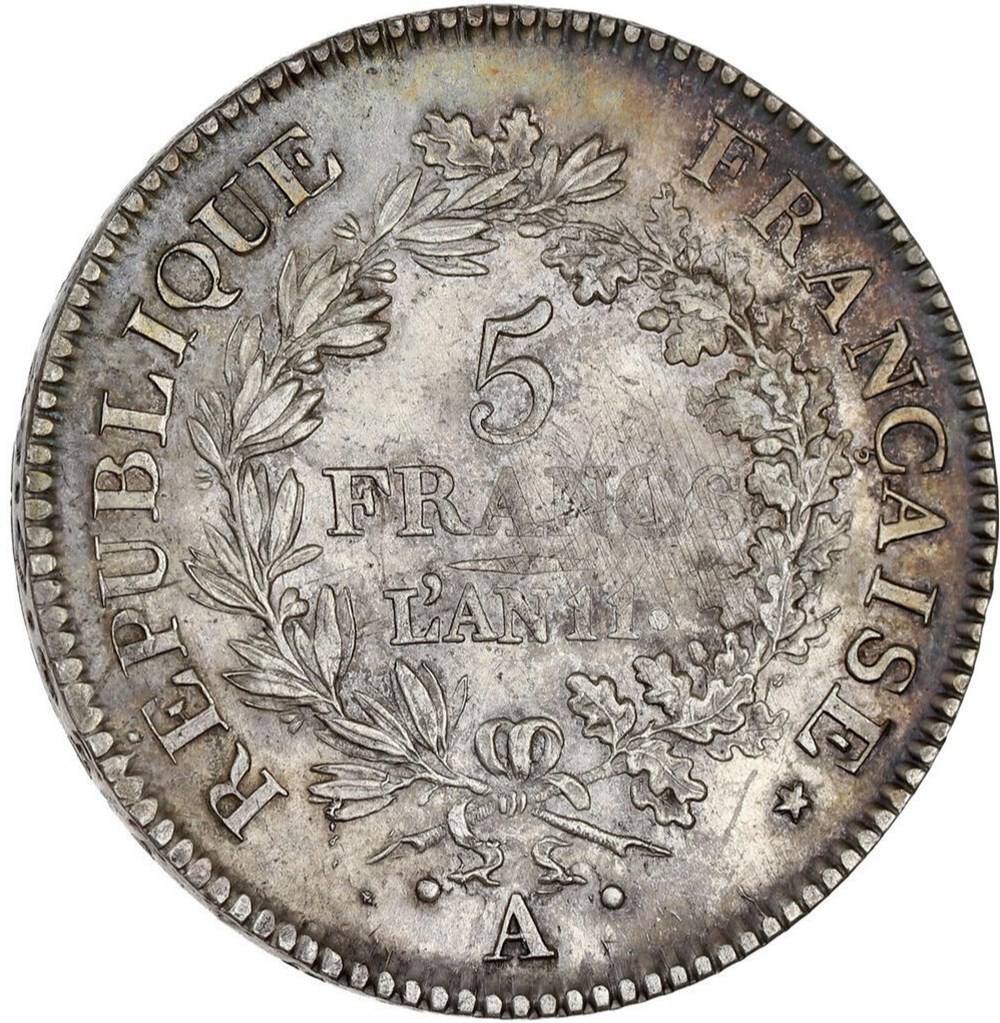 monnaies 5 francs union et force union serre seulement glands interieurs an 11 paris