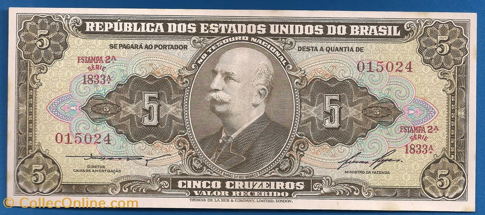 notas america do sul brasil 5 cruzeiros 1953