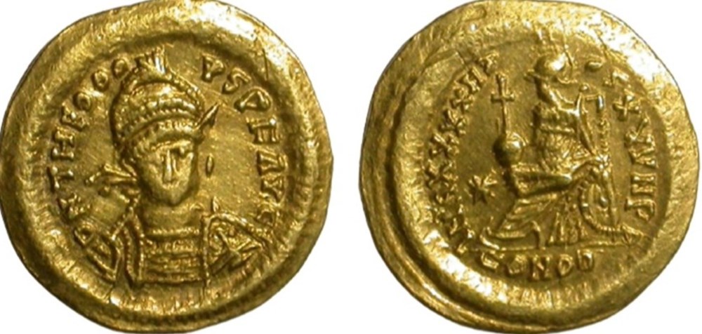 Solidus imitation in the name of Theodosius II munzen barbarische konigreiche bis solidus imitation in the name of theodosius ii