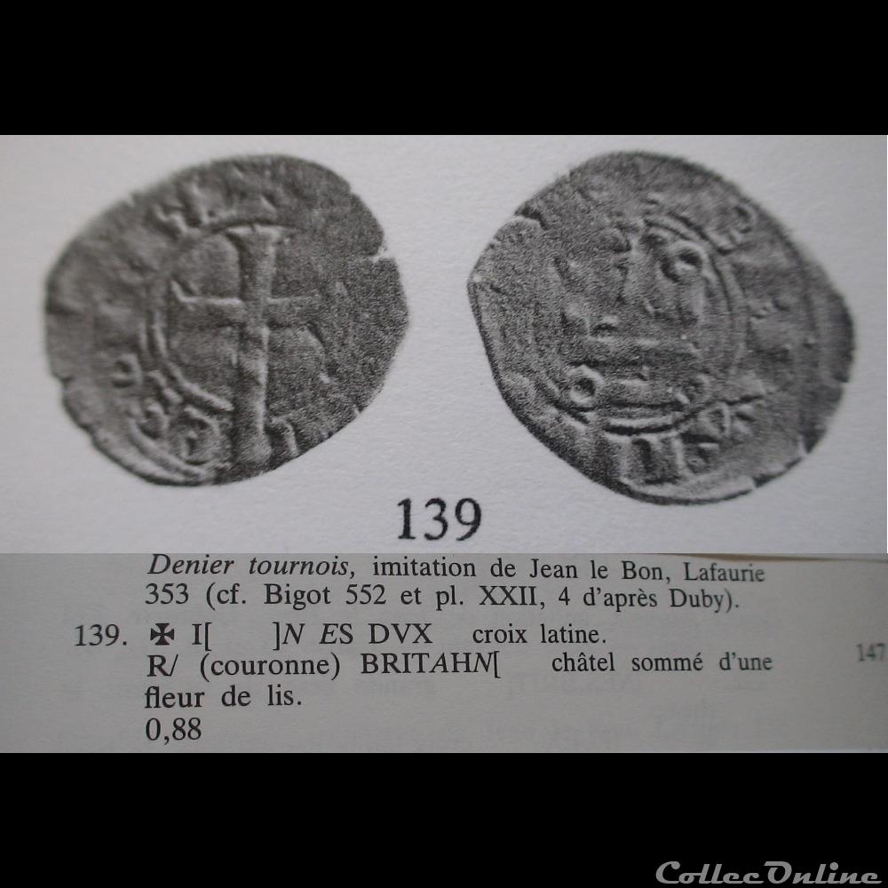 DENIER TOURNOIS JEAN IV DE BRETAGNE DE JANVIER 1356 A MARS 1357 CROIX LATINE 4 monnaie france feodale denier tournois jean iv de bretagne de janvier 1356 a mars 1357 croix latine