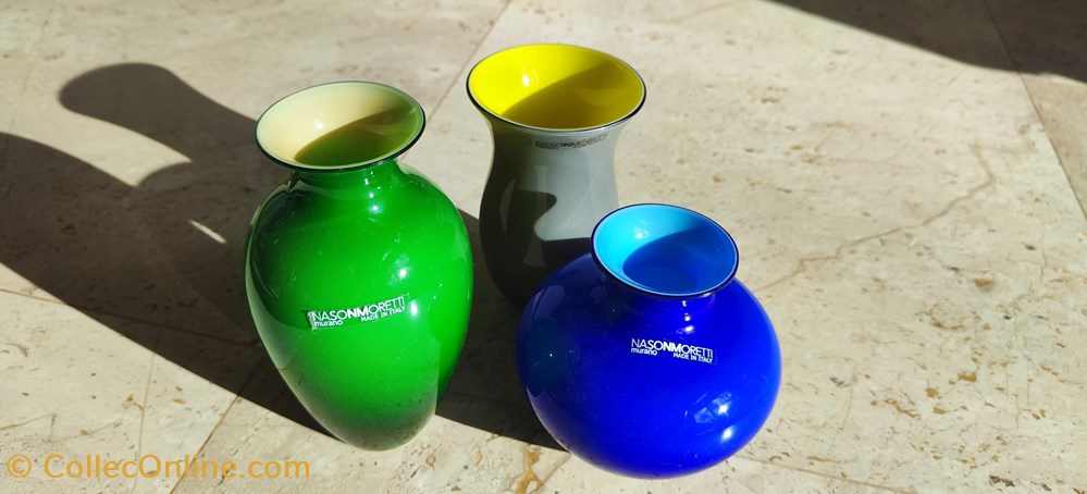 Verre Murano - Vase Nason Moretti gris/jaune bleu vert/jaune 2 art antiquites verrerie verre murano vase nason moretti gris jaune bleu vert jaune