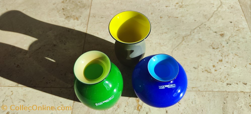 Verre Murano - Vase Nason Moretti gris/jaune bleu vert/jaune 3 art antiquites verrerie verre murano vase nason moretti gris jaune bleu vert jaune