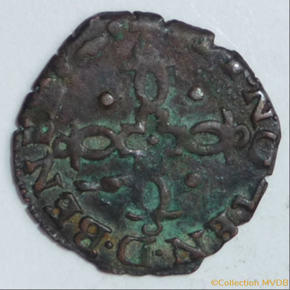 monnaie france feodale delfin tizzone 1582 1598 imitation du liard de henri de navarre et marguerite de valois