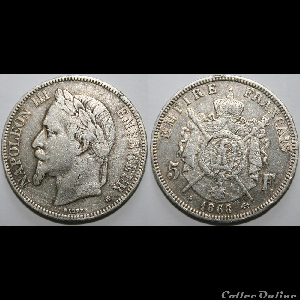 5 francs Napoléon III, tête laurée 1868 BB monnaie france moderne 5 francs napoleon iii tete lauree 1868 bb