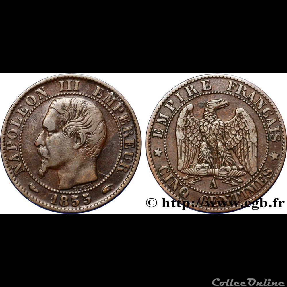 5 centimes Napoléon III, tête nue 1855 Paris monnaie france moderne 5 centimes napoleon iii tete nue 1855 paris
