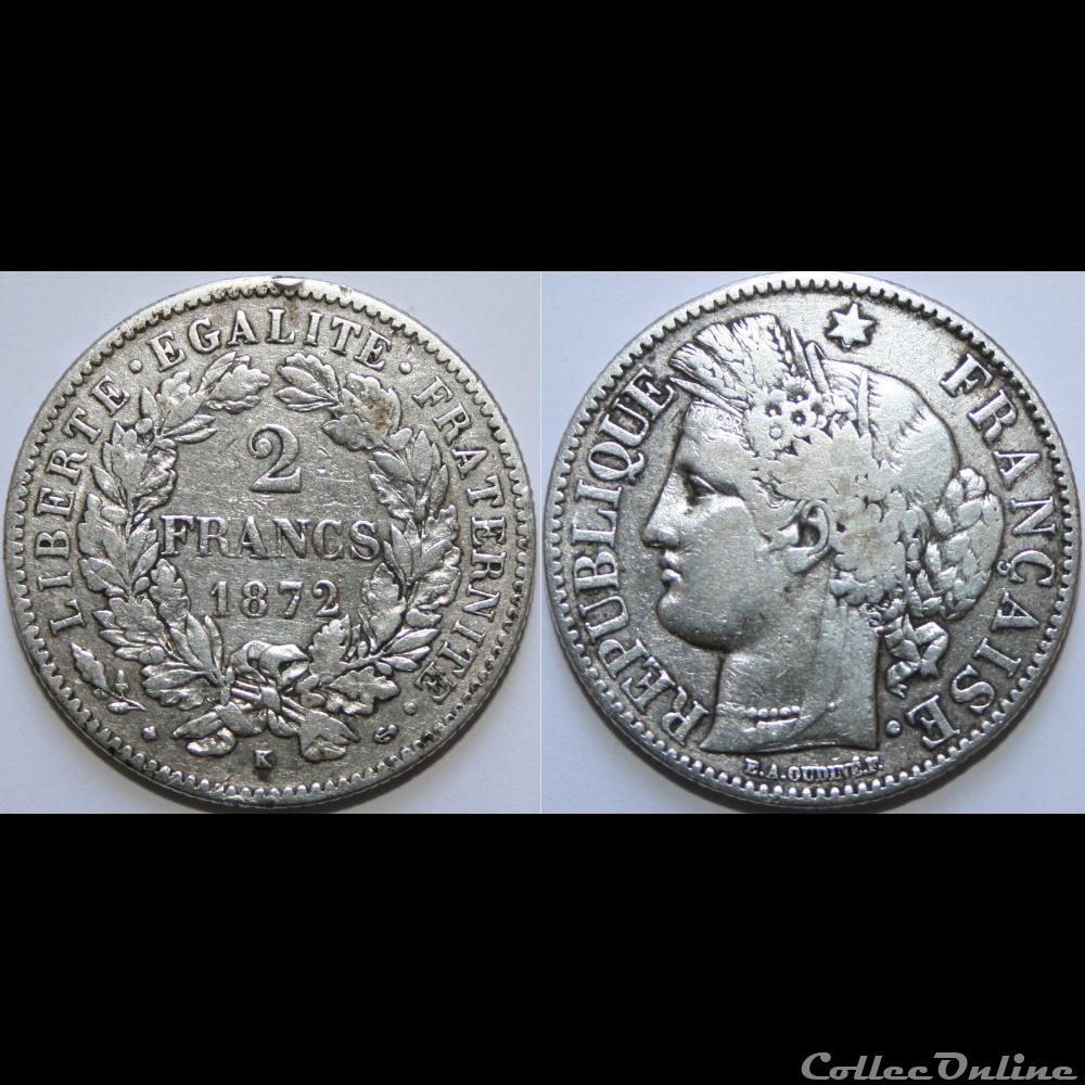 2 francs Cérès, avec légende 1872 K monnaie france moderne 2 francs ceres avec legende 1872 k