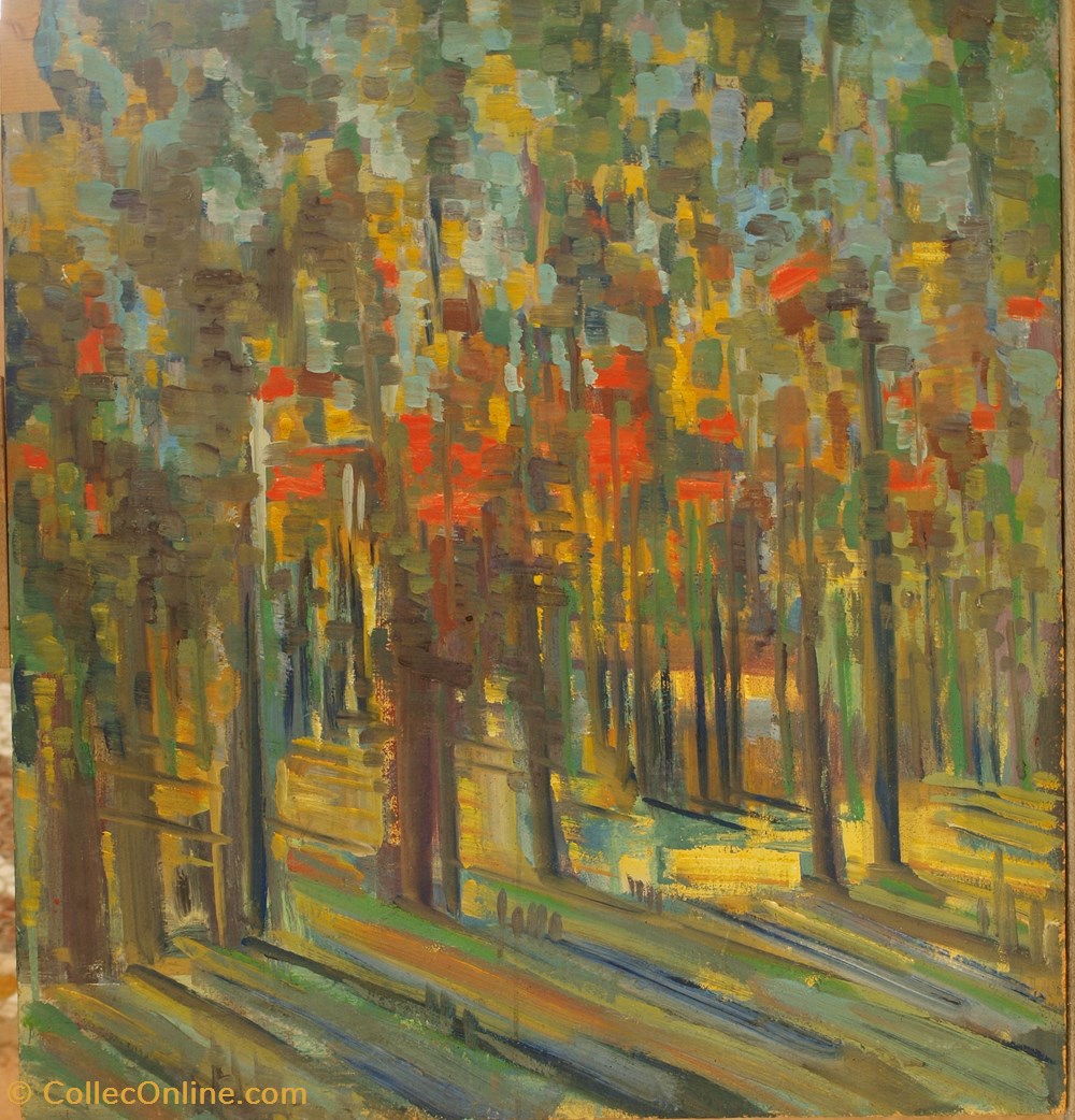 Couchant en forêt / 1962 art antiquites peintures dessins couchant en foret 1962