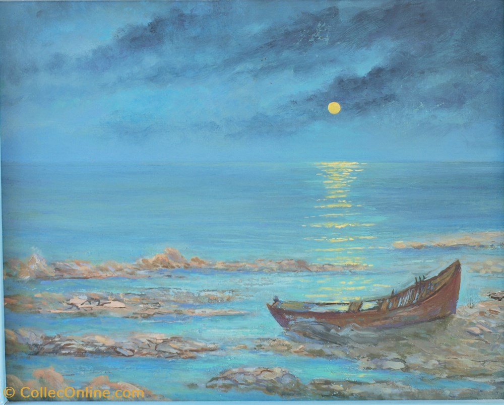 Barque clair de lune / Fin 1970 art antiquites peintures dessins barque clair de lune fin 1970