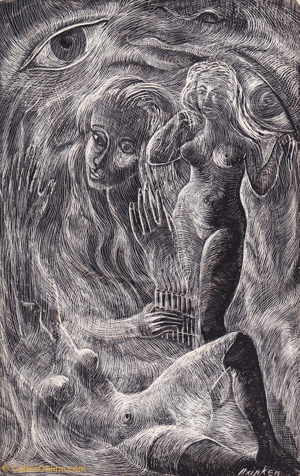 Femmes et flûte de Pan / Années 1950 art antiquites estampes gravures femmes et flute de pan annees 1950