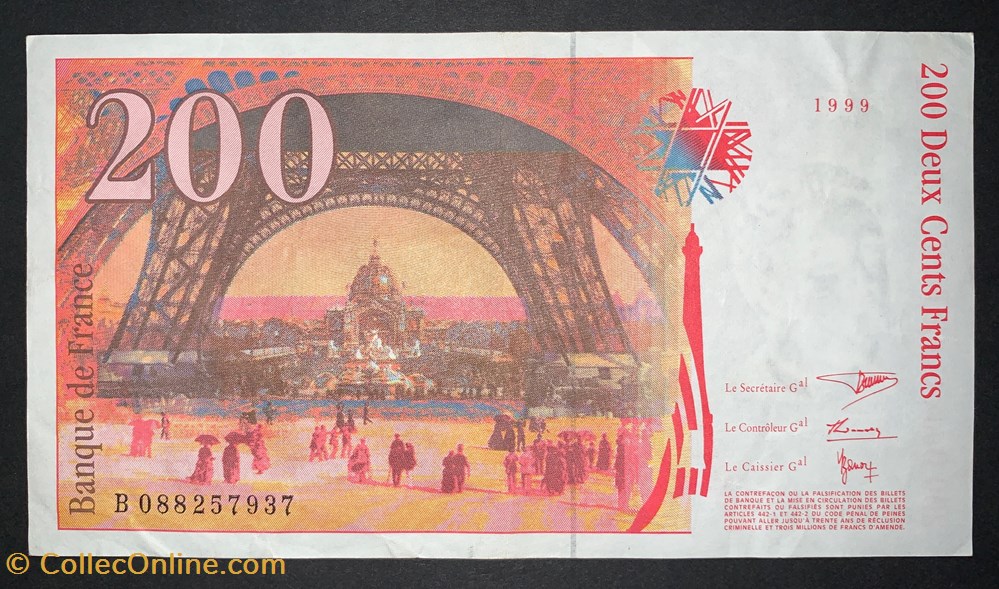 F.75.05 200 Francs Eiffel 1999 B.088257937 billets europe france f 75 05 200 francs eiffel 1999 b 088257937